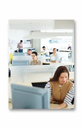 Separate workplace cubicles with different people sitting at them in open space of modern office