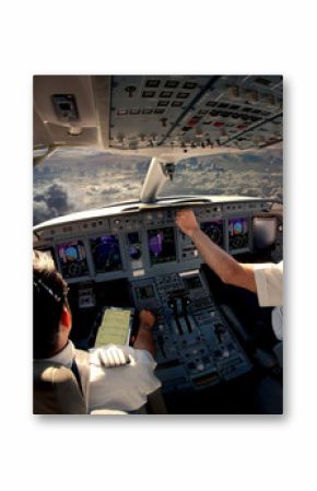 Flight Deck of modern passenger jet aircraft. Pilots at work. Cloudy sky and sunset view from the airplane cockpit.