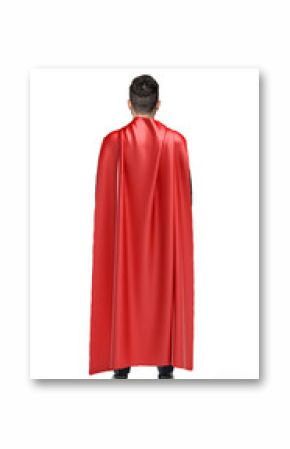 A businessman in shimmering scarlet cape turned back on white background.