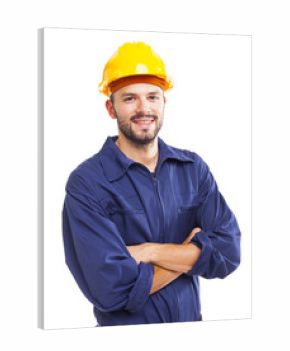 Young worker standing smiling on white background