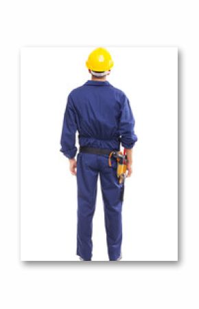 Young worker standing from back on white background