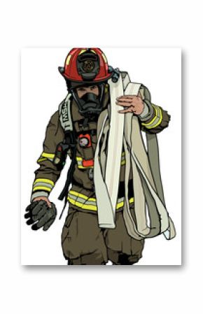 Firefighter With Fire Hose Over Shoulder - Colored Illustration, Vector