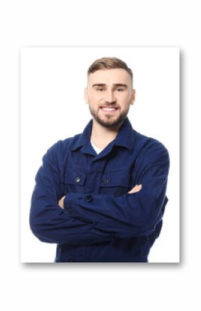 Handsome auto mechanic on white background