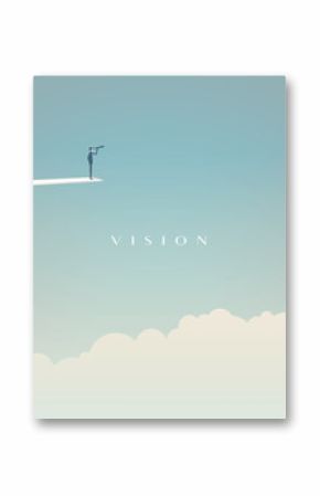 Business vision concept vector motivational poster with businessman on jumping board looking into future. Symbol of challenge, opportunity, goals, success, leadership.