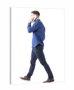 Young adult formal dressed man talk on the phone walking and looking away. Side view. Full body isolated on white background. 