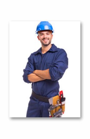 Portrait of a confident young worker standing with arms crossed on white background