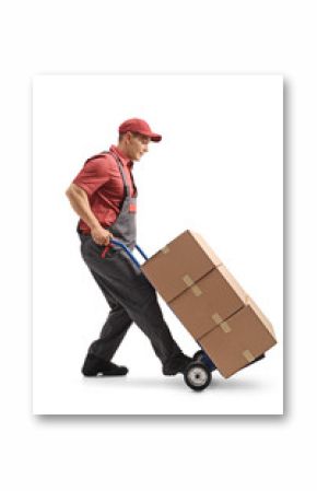 Mover with a hand truck loaded with cardboard boxes