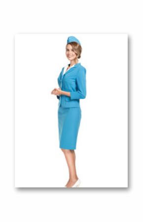 Portrait of charming stewardess wearing in blue uniform. Isolated on white background.