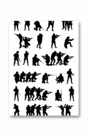 Police special forces tactical members, SWAT group, counter-terrorist squad fighters set collection vector silhouette isolated on white background