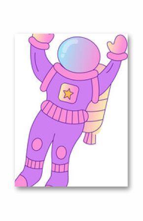 Cartoon astronaut is floating in flat purple spacesuit with gradient visor, transparent background