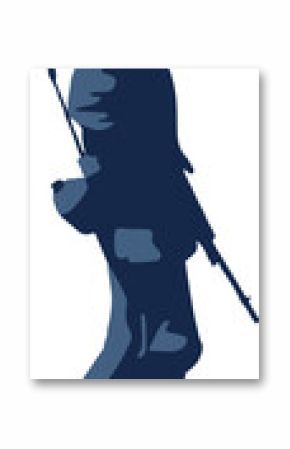 Soldier is walking in flat blue silhouette with rifle, helmet and satchel, transparent background
