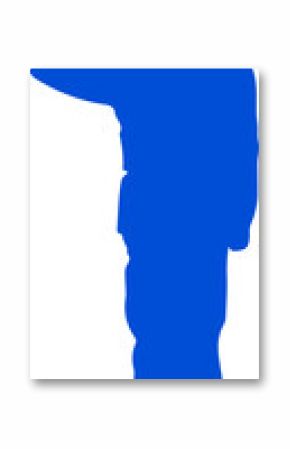 Blue silhouette of soldier figure is saluting and standing on transparent background, flat design