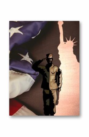 Soldier saluting against us flag and statue of liberty silhouette on grey background with copy space