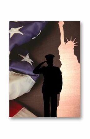 Soldier saluting against us flag and statue of liberty on grey background with copy space