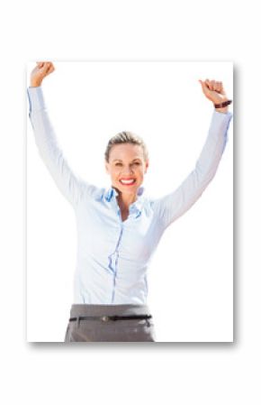 Digital png photo of happy caucasian businesswoman raising hands on transparent background