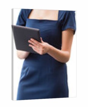Businesswoman using digital tablet against white background
