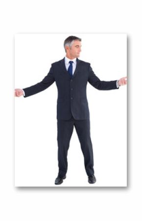 Businessman spreading his arms on white background