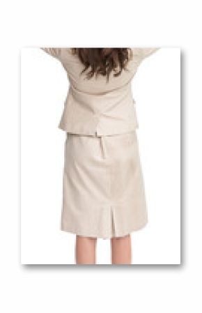 Businesswoman with hands on head standing back to camera