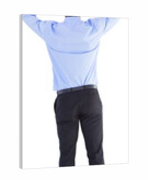 Rear view of businessman raising his arms