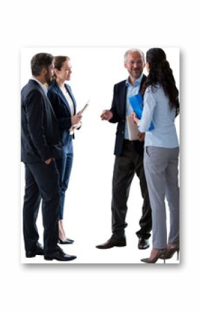 Full length of colleagues discussing against white background