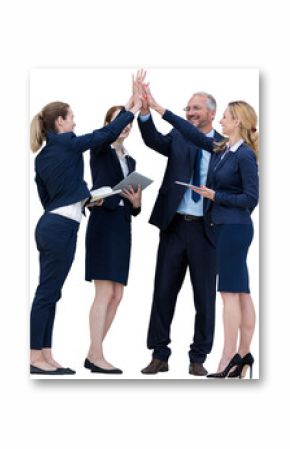 Happy business people giving high five against white background