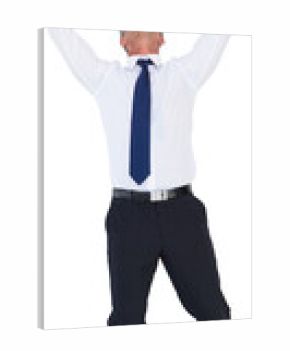 Businessman with hands raised on white background