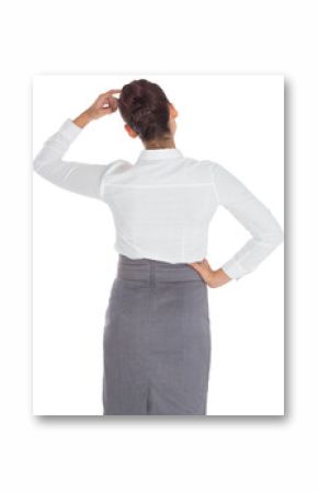 Digital png photo of back view of hispanic businesswoman scratching head on transparent background