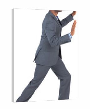 Digital png photo of african american businessman pushing wall on transparent background