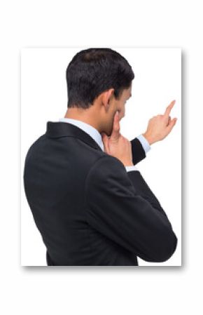 Digital png photo of back view of asian businessman pointing finger on transparent background
