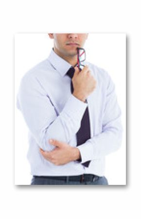 Digital png photo of biracial businessman holding eyeglasses on transparent background