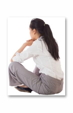 Digital png photo of back view of biracial businesswoman sitting on transparent background