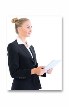Digital png photo of caucasian businesswoman with tablet on transparent background