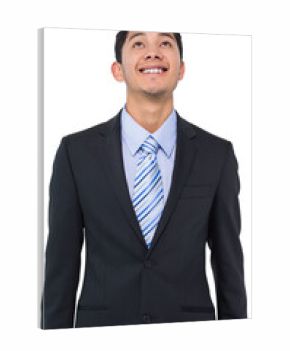 Digital png photo of smiling asian businessman looking up on transparent background