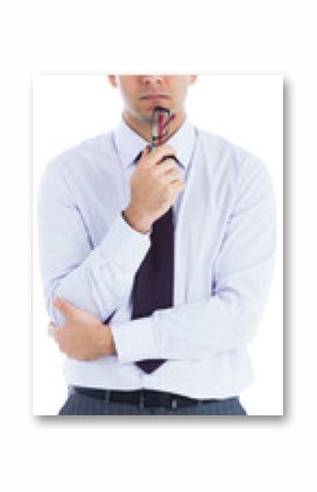 Digital png photo of biracial businessman holding eyeglasses on transparent background