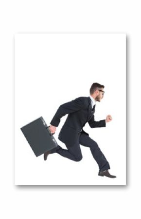 Digital png photo of caucasian businessman with briefcase running on transparent background