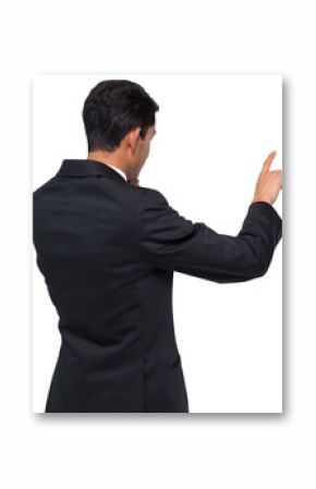Digital png photo of back of biracial businessman pointing on transparent background