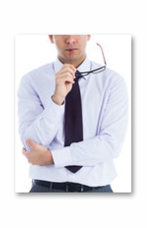 Digital png photo of serious biracial businessman with glasses, looking on transparent background