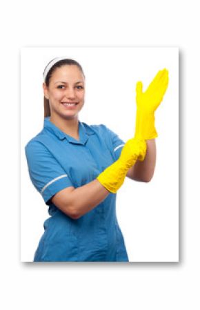 Smiling cleaning lady putting on the rubber gloves