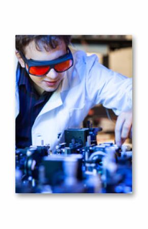 scientist doing research in a quantum optics  lab (shallow DOF 