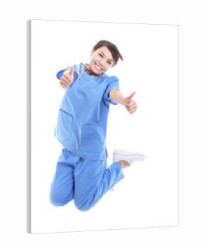 woman doctor jumping with thumb up