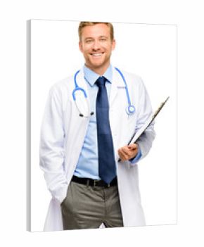 Portrait of confident young doctor on white background