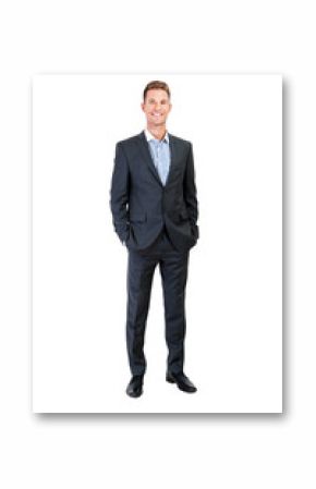 Full body portrait of happy smiling business man, isolated on wh