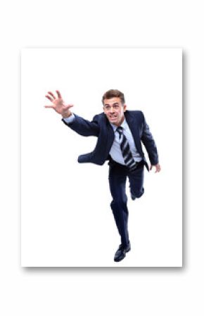 Happy running businessman. Isolated on white background.