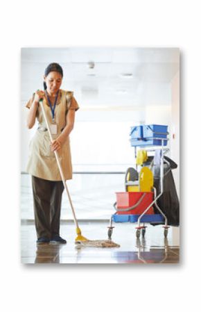 Woman cleaning building hall