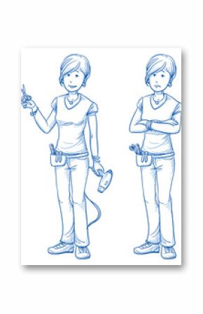 Happy and sad young female hairdresser with a scissors in one hand and a hair dryer in the other, in two emotions. Hand drawn cartoon doodle vector illustration.