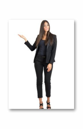 Attractive business fashion beauty in suit presenting isolated