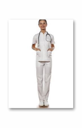 a young woman doctor in uniform on a white background