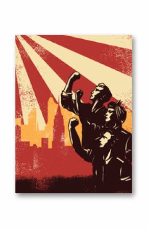 Revolution Poster, workers raising fists with cityscape background, vector