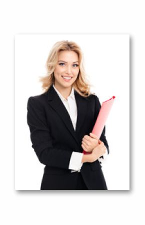 Young smiling businesswoman with red folder