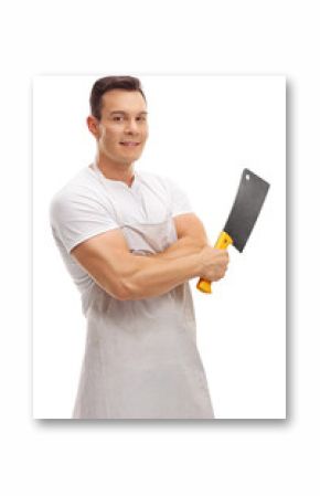 Smiling butcher posing with a cleaver